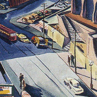 Downtown L.A. - 1955 - Watercolor - 24 x 38 - Scanned from a color photograph in a book.